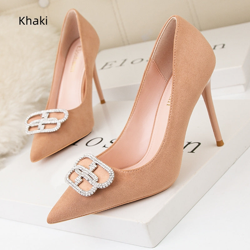 Suede Pointed Rhinestone Metal Buckle High Heels