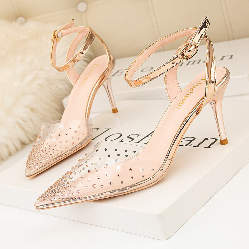 Transparent Rhinestone Pointed Thin Heels Sandals