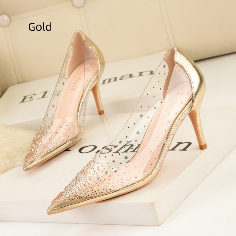 Transparent Rhinestone Banquet Pointed Thin High Heels Shoes