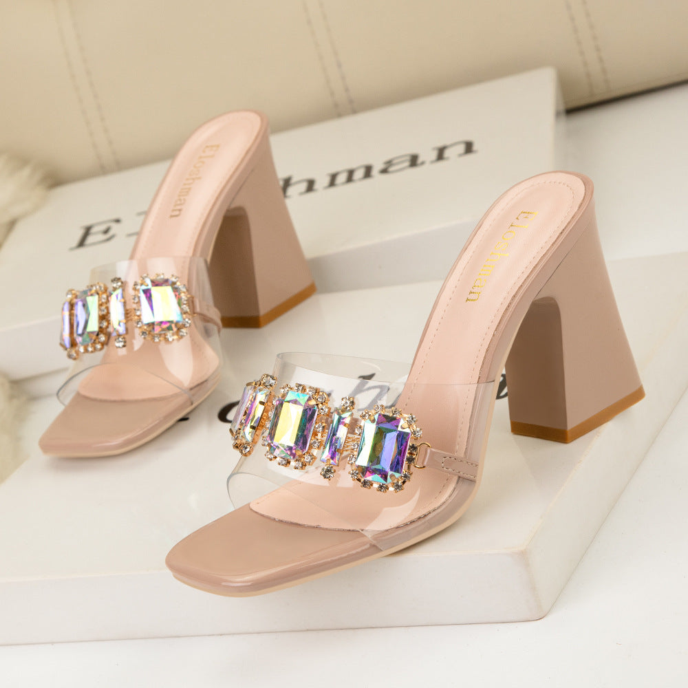 Thick-heeled Metal Diamond Buckle Slippers