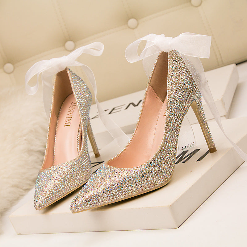 Thin-heeled Shallow-mouth Pointed Rhinestone High heels