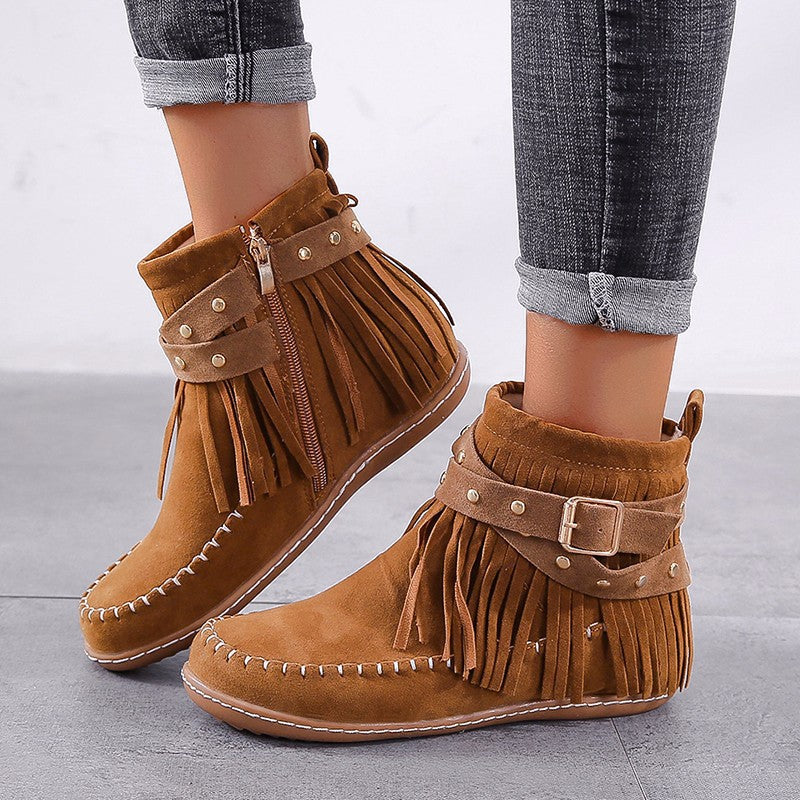 Fringed Rivet Belt Buckle Flat Booties