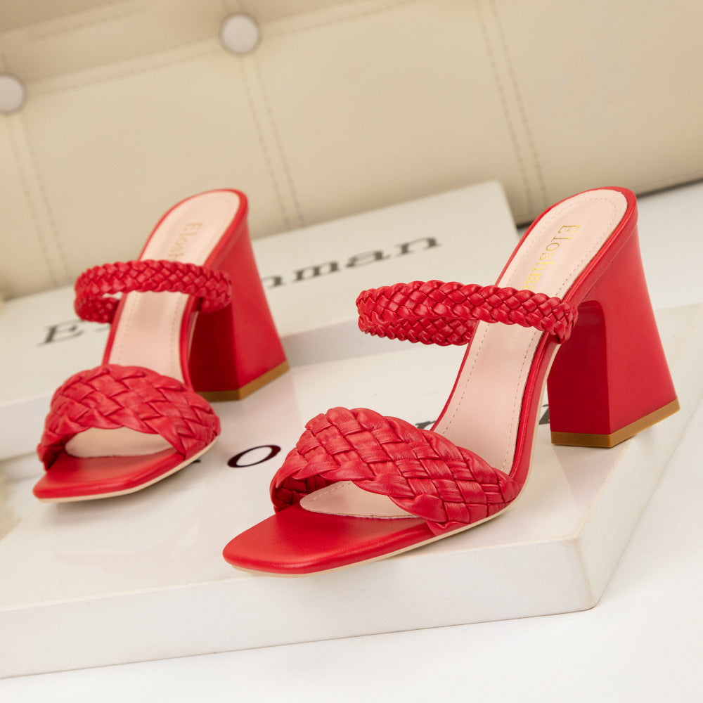 Woven Square-toed Thick-heeled Open-toed Slippers