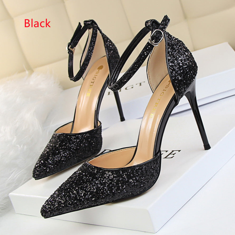 Hollow Sequined Pointed Toe High Heel Sandals