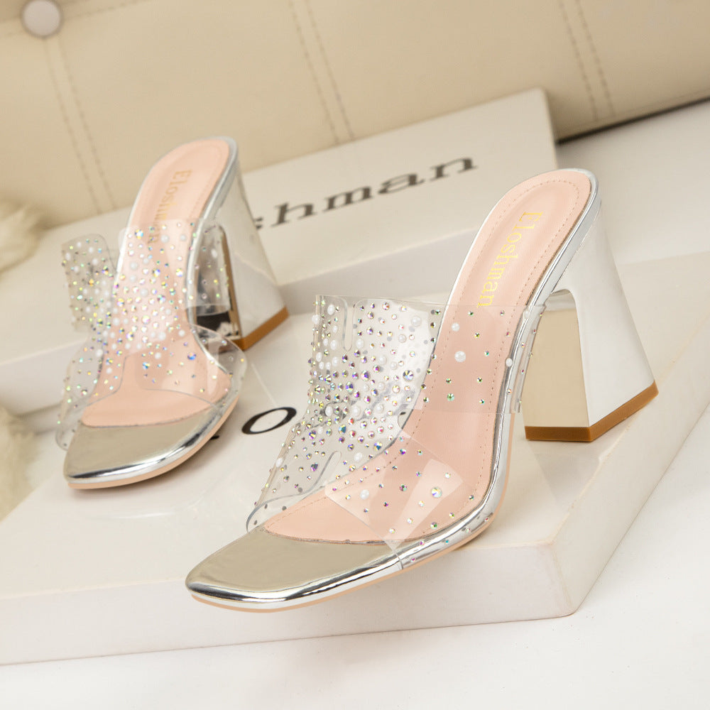 Rhinestones Thick Heels and Transparent Slipper