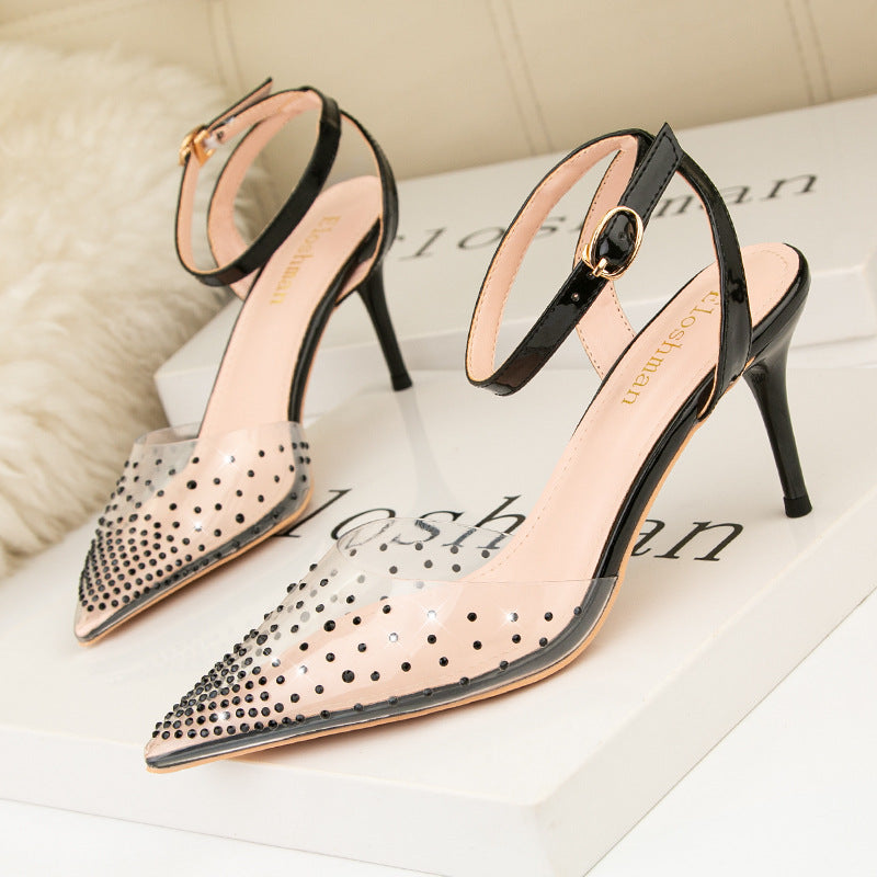 Transparent Rhinestone Pointed Thin Heels Sandals