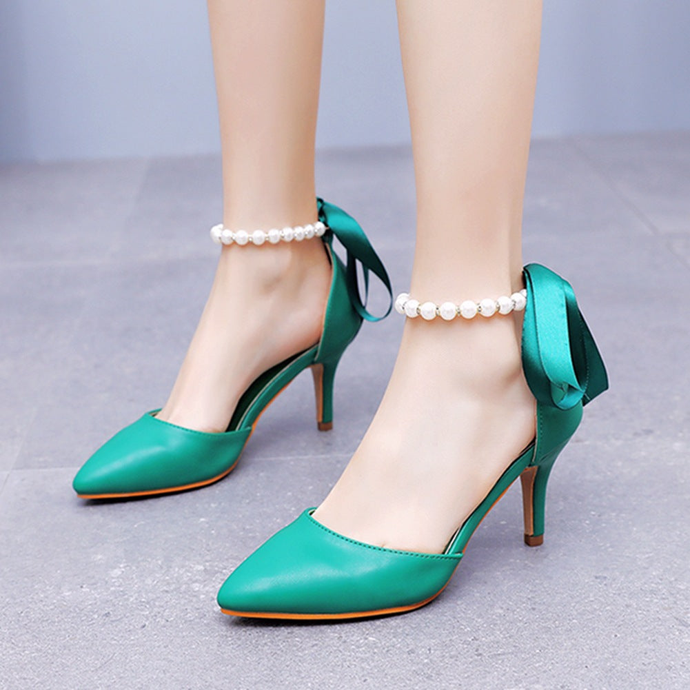 7 cm Thin Heel Rhinestone Beaded Ribbon Sandals