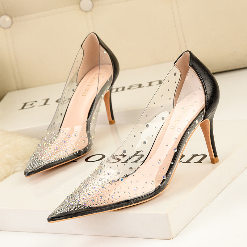 Transparent Rhinestone Banquet Pointed Thin High Heels Shoes