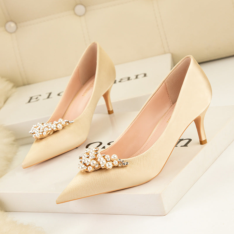 Thin Heels Pointed Pearl Rhinestone Shoes