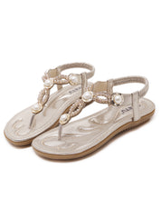 Beaded Metal Rhinestone Pearl Flat Sandals