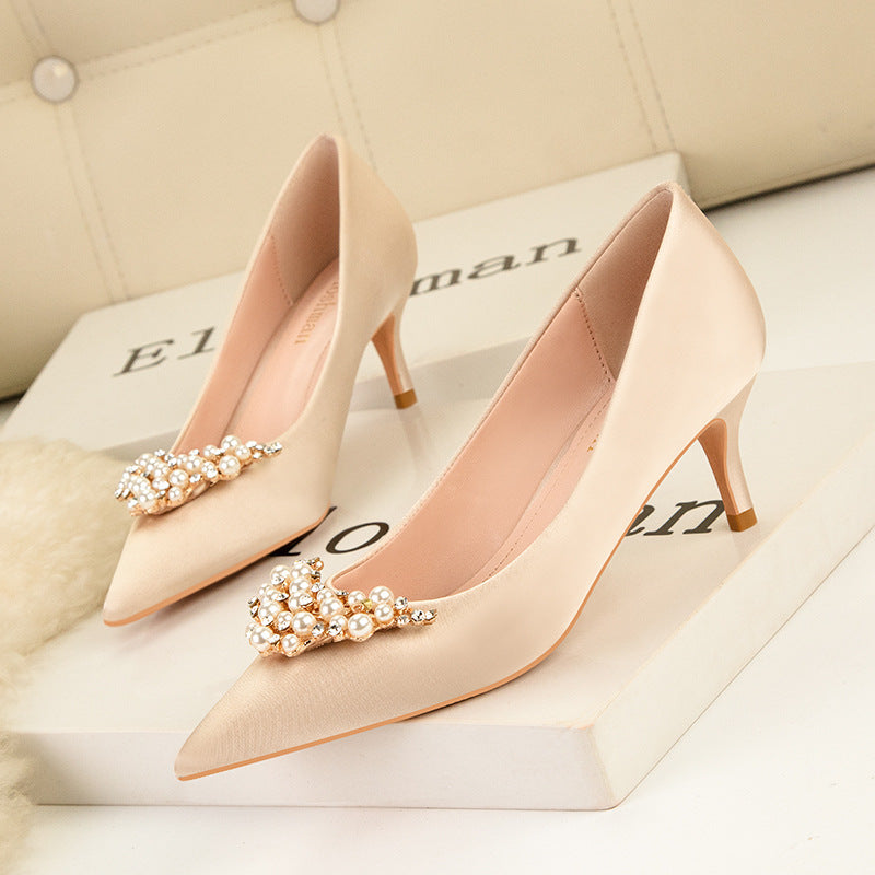 Thin Heels Pointed Pearl Rhinestone Shoes