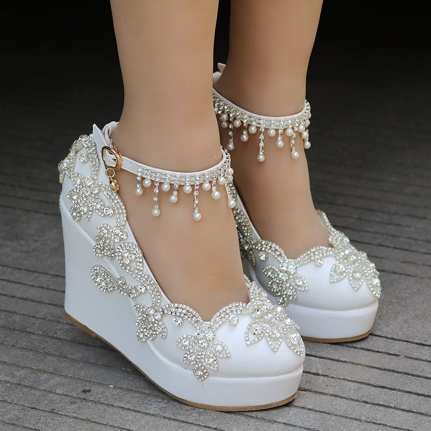 Beaded Tassel Round Toe High Heels Wedding Shoes