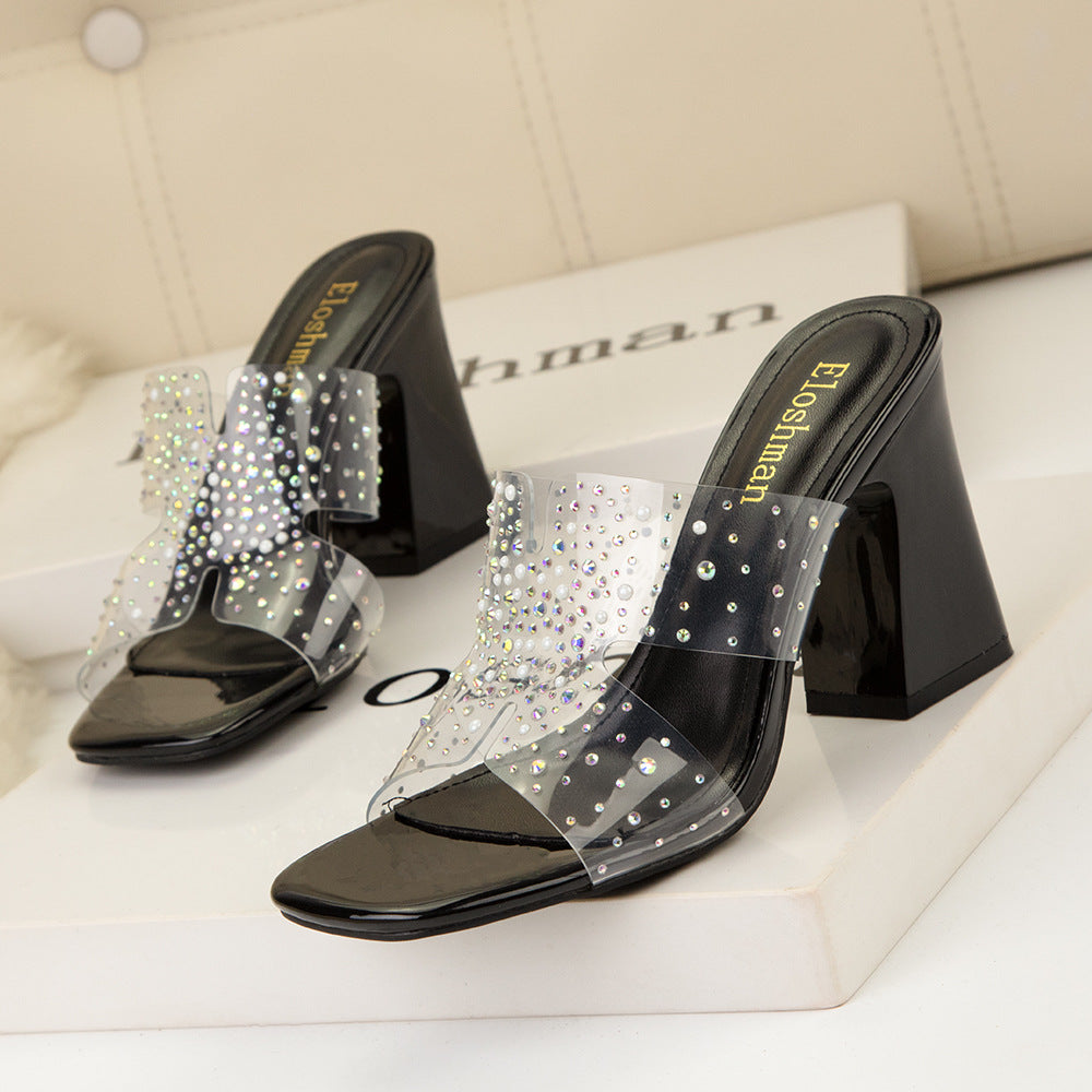 Rhinestones Thick Heels and Transparent Slipper