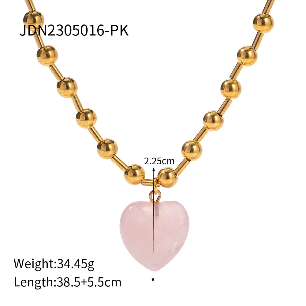 Ball Beaded Necklace with Pink Clear Heart Pendant