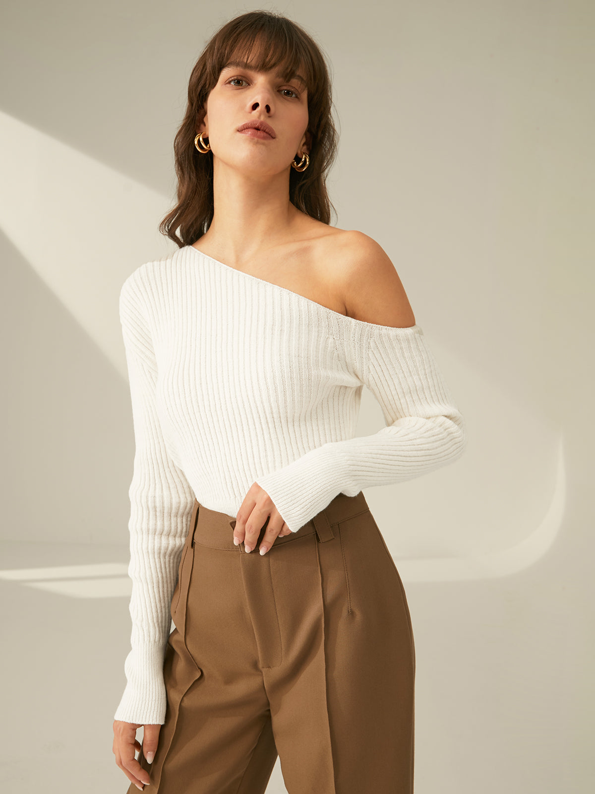 One Shoulder Long Sleeve Ribbed Pullover Sweater