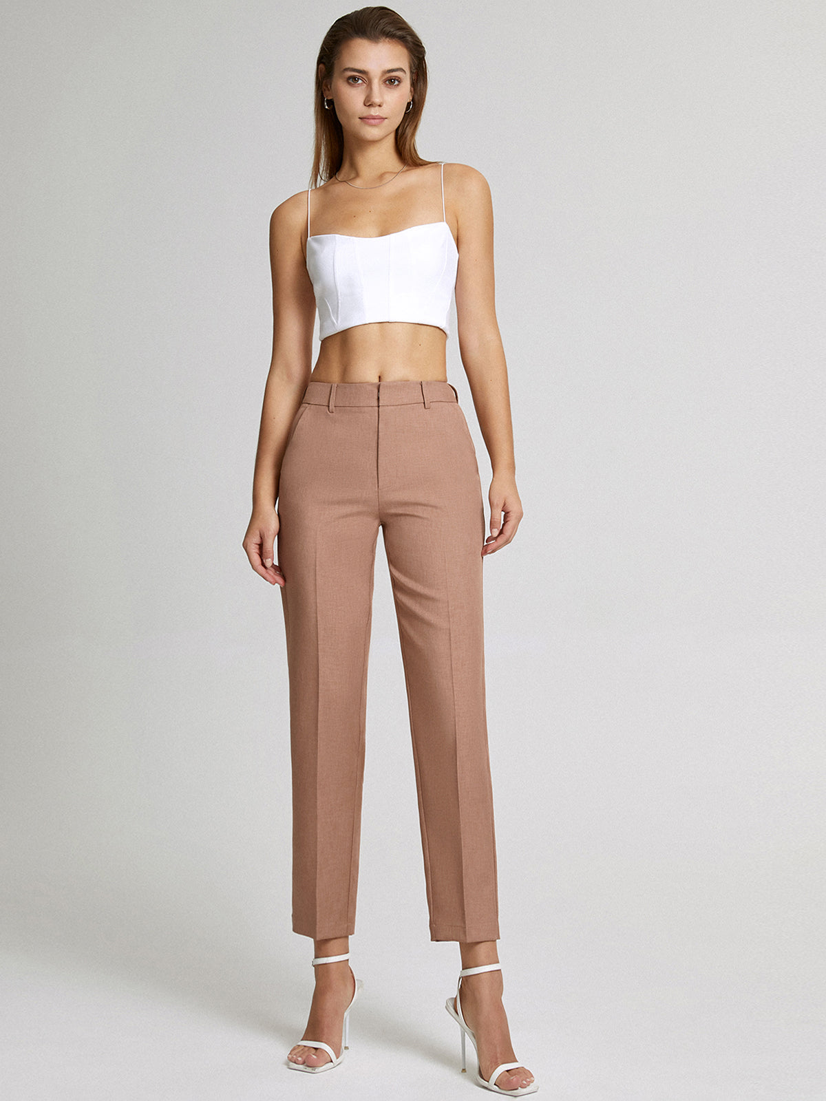 High Waisted Cropped Skinny Straight Leg Trousers