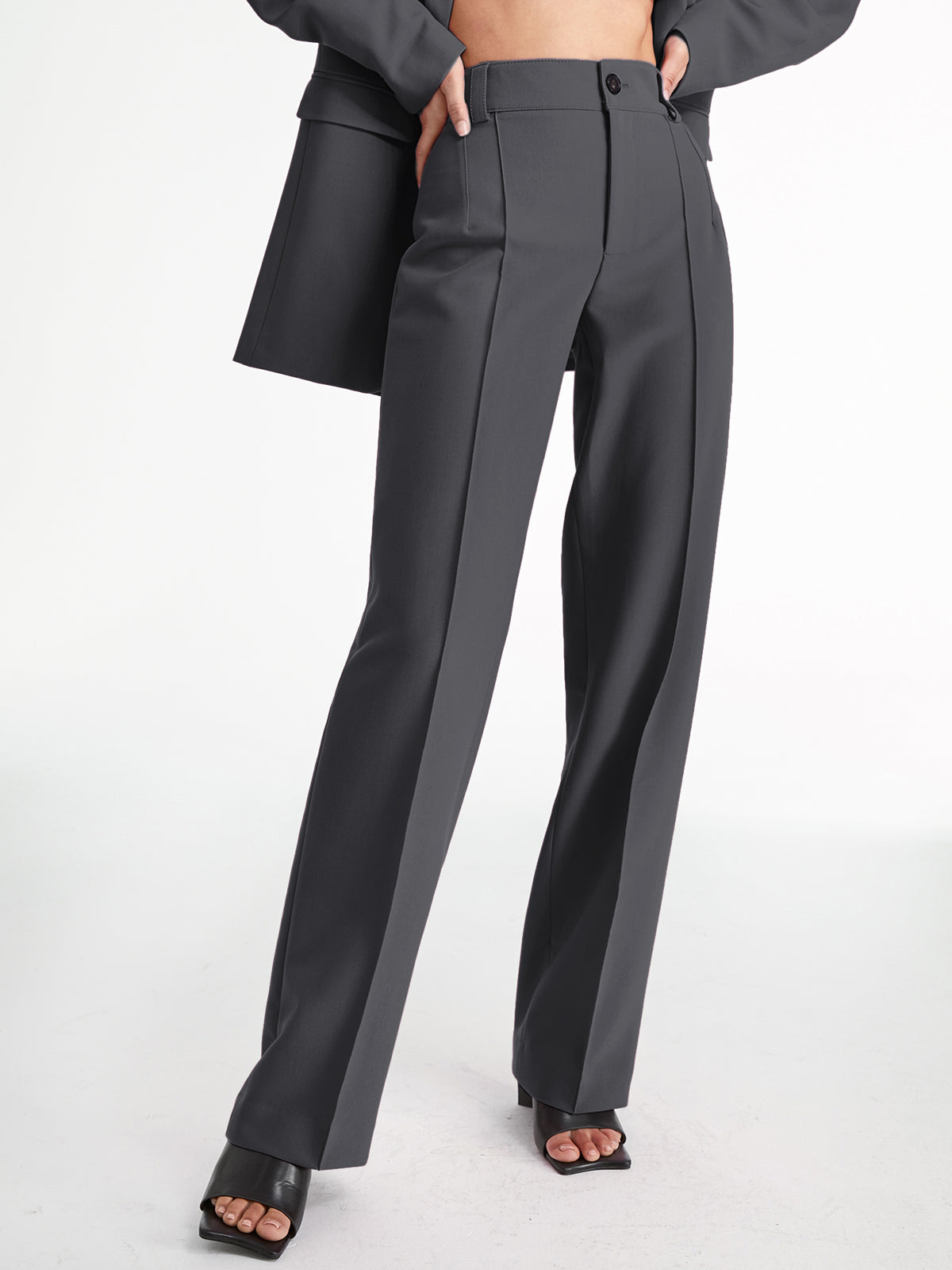 High Waisted Pleat Front Solid Colored Straight Leg Trousers