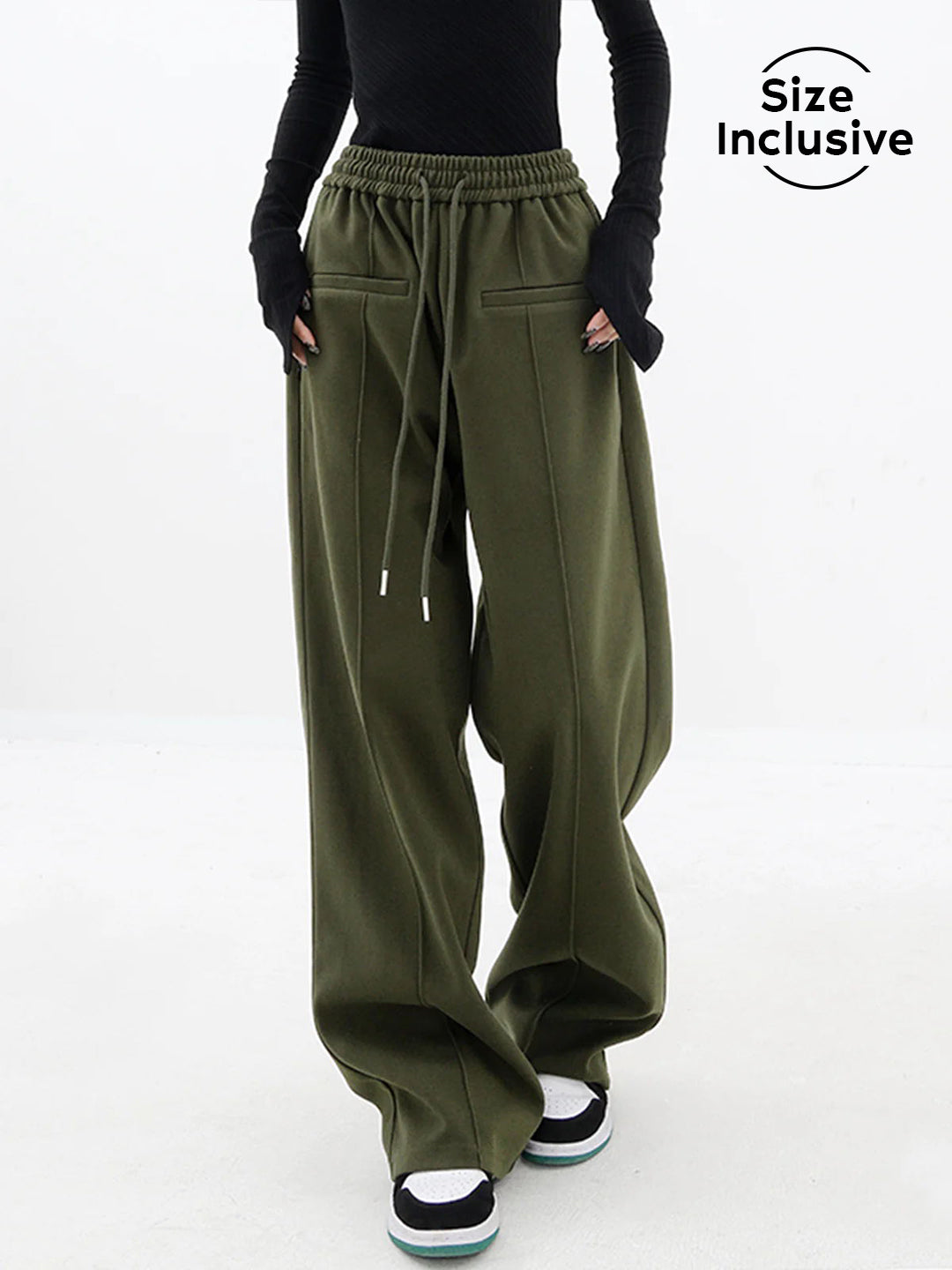 Olive Green Drawstring Baggy Wide Leg Pants