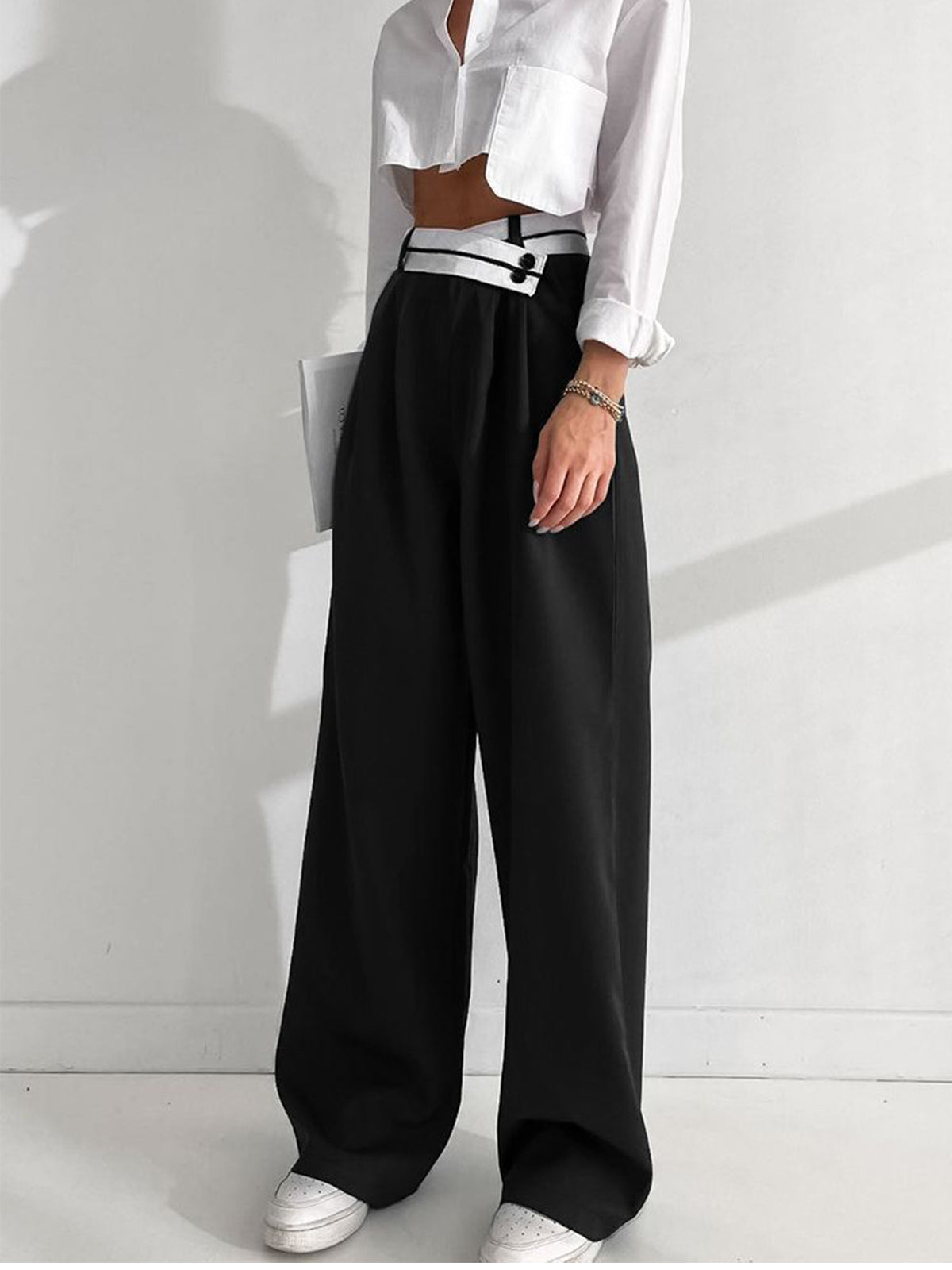 Asymmetrical Contrast Waistband Wide Leg Dress Pants