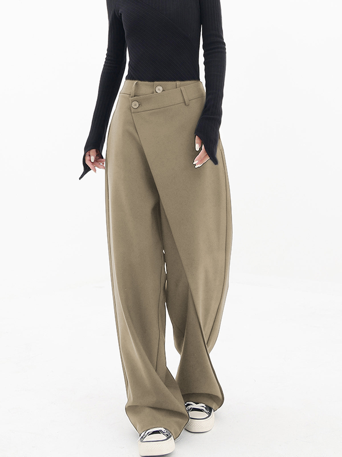 Asymmetrical Layer Button Wide Leg Dress Pants