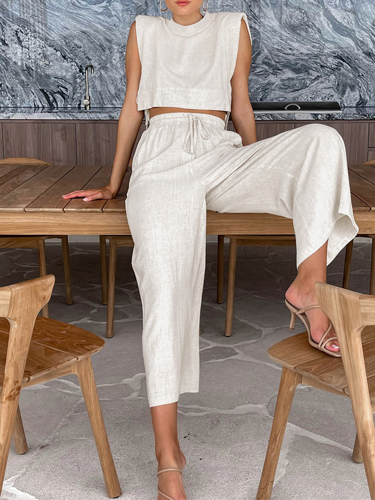 Utility Linen Two Piece Wide Leg Pants Set