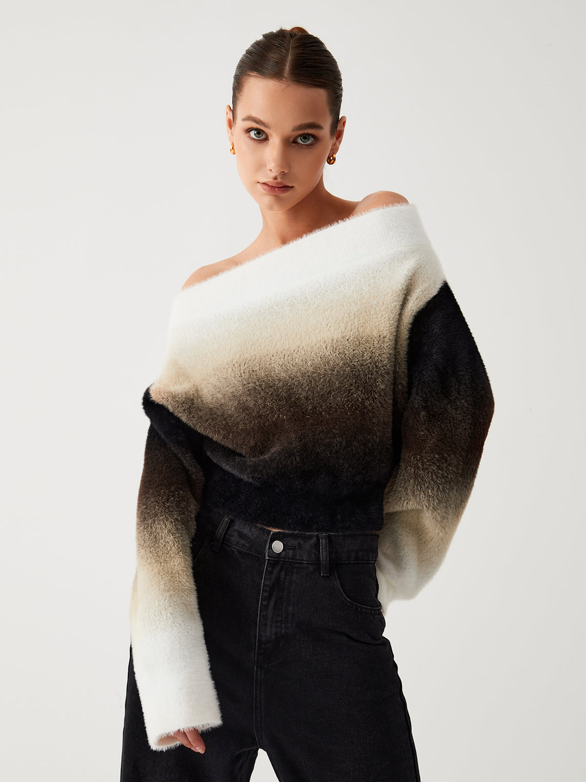 Dawn Ombre Fuzzy Off Shoulder Crop Sweater