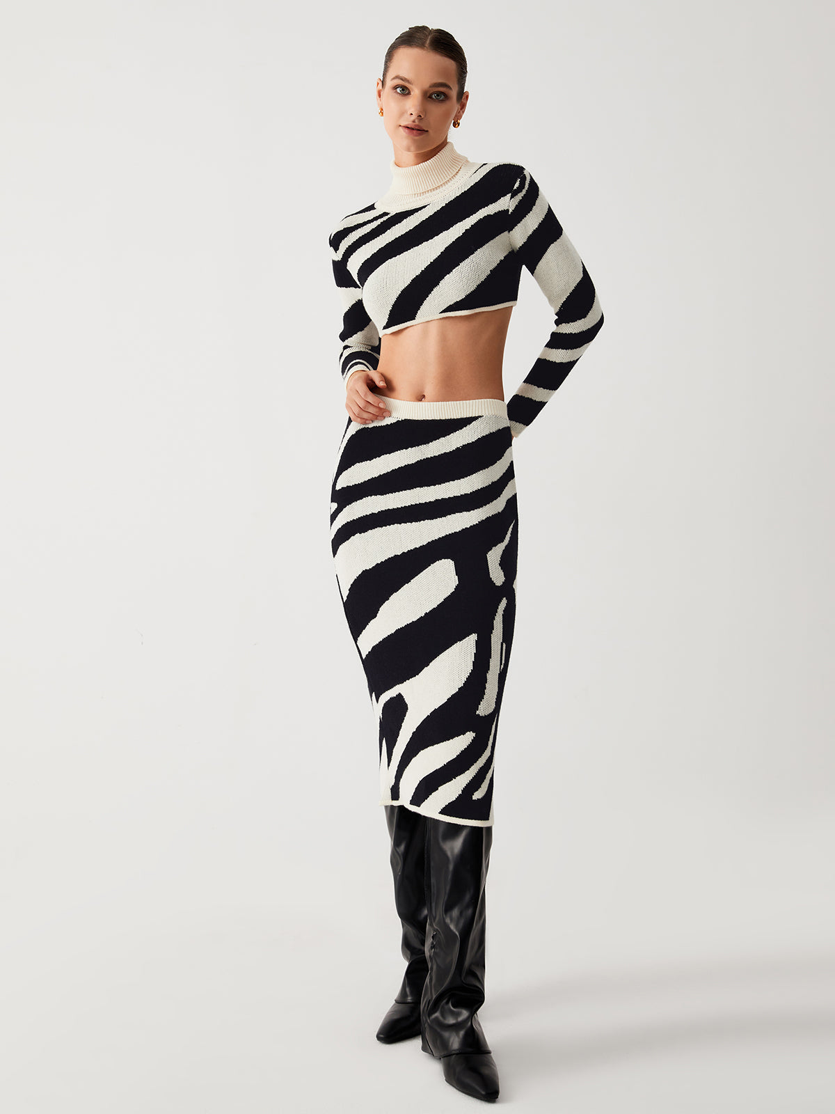 Zebra Print Mock Neck Crop Top Two Piece Skirt Set