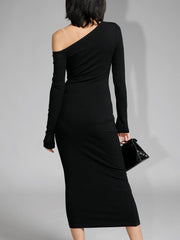 Asymmetric Off Shoulder Long Sleeve Midi Dress