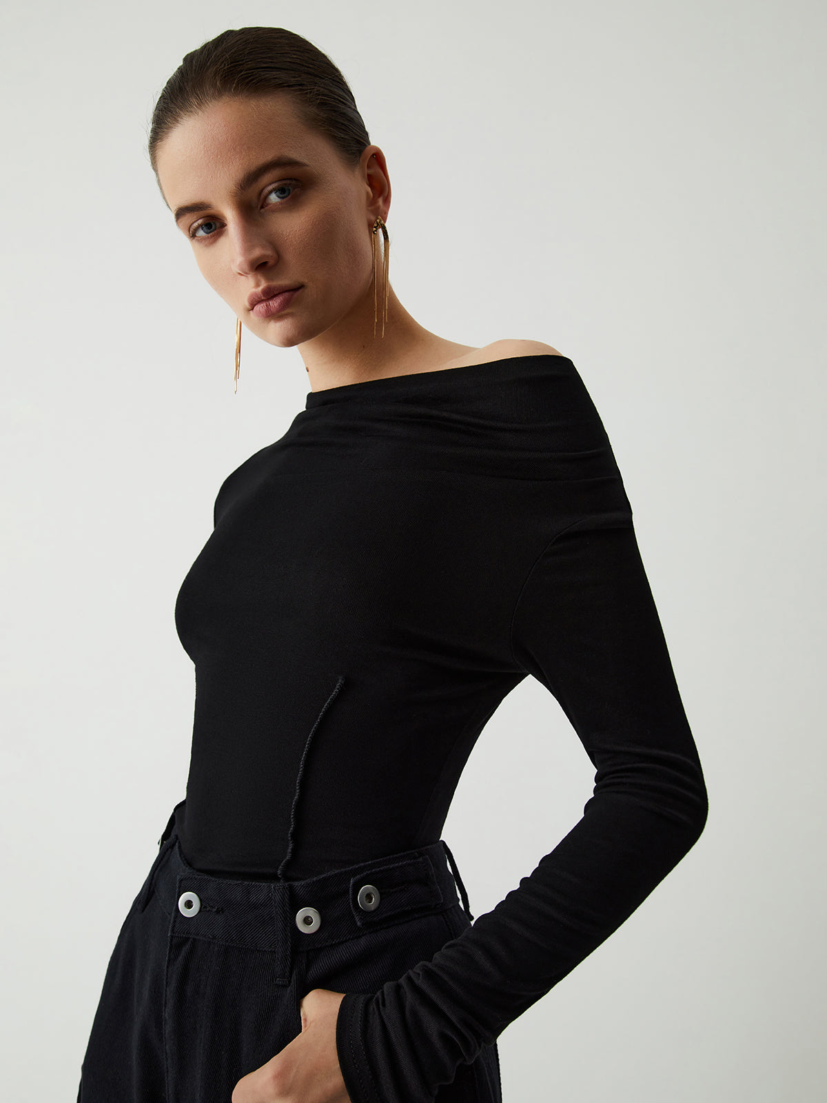 Asymmetric Off Shoulder Piping Long Sleeve Shirt