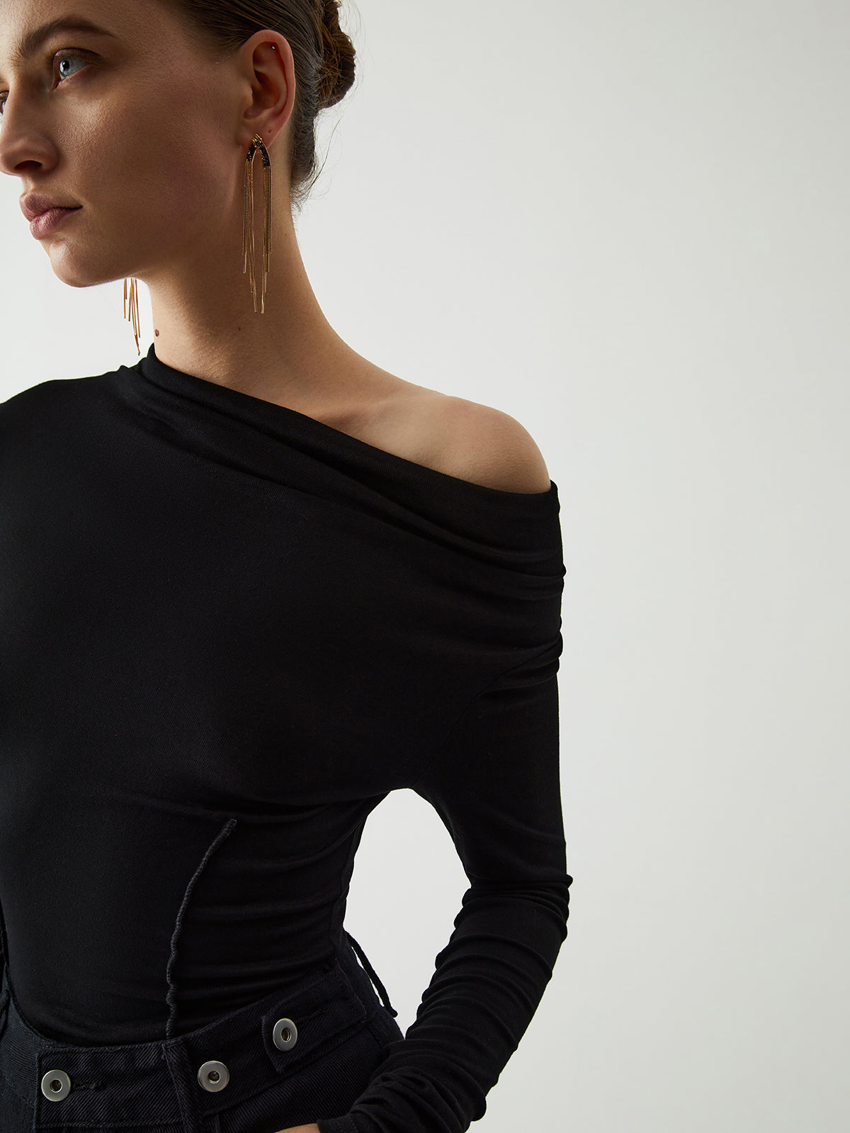 Asymmetric Off Shoulder Piping Long Sleeve Shirt