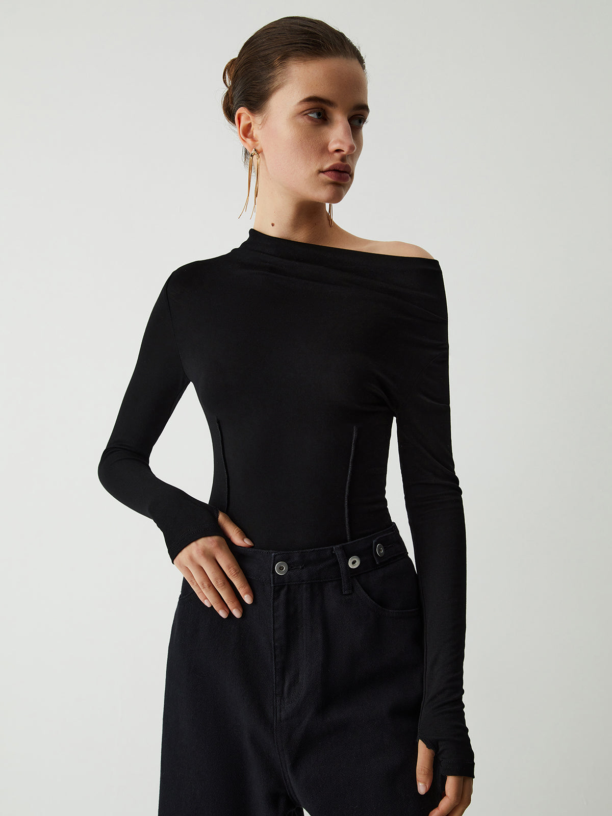 Asymmetric Off Shoulder Piping Long Sleeve Shirt