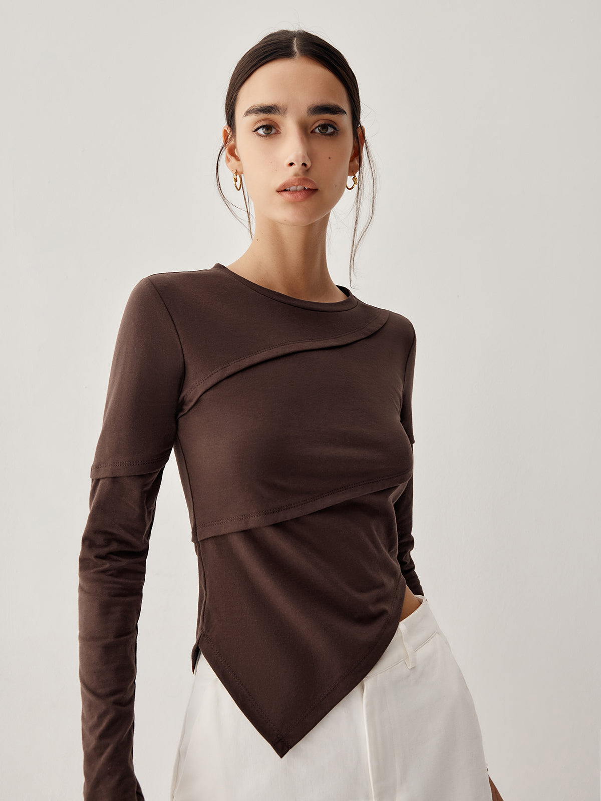 Asymmetric Hem Piping Long Sleeve Top