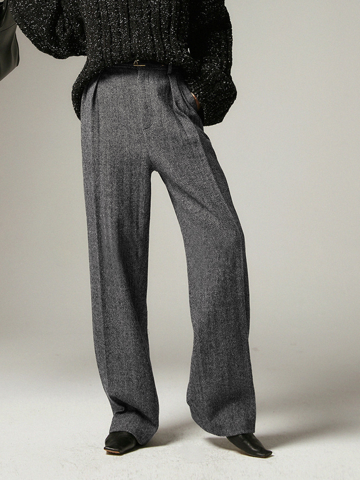 Herringbone Pockets Wide Leg Dress Pants