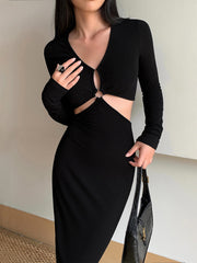 Keyhole Cutout Long Sleeve Long Knit Dress