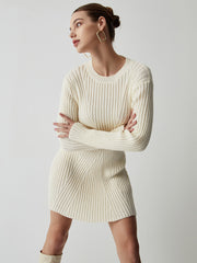 Cream Rib Long Sleeve Short Sweater Dress