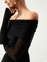 Off Shoulder Oblique Hem Ruched Long Sleeve Shirt