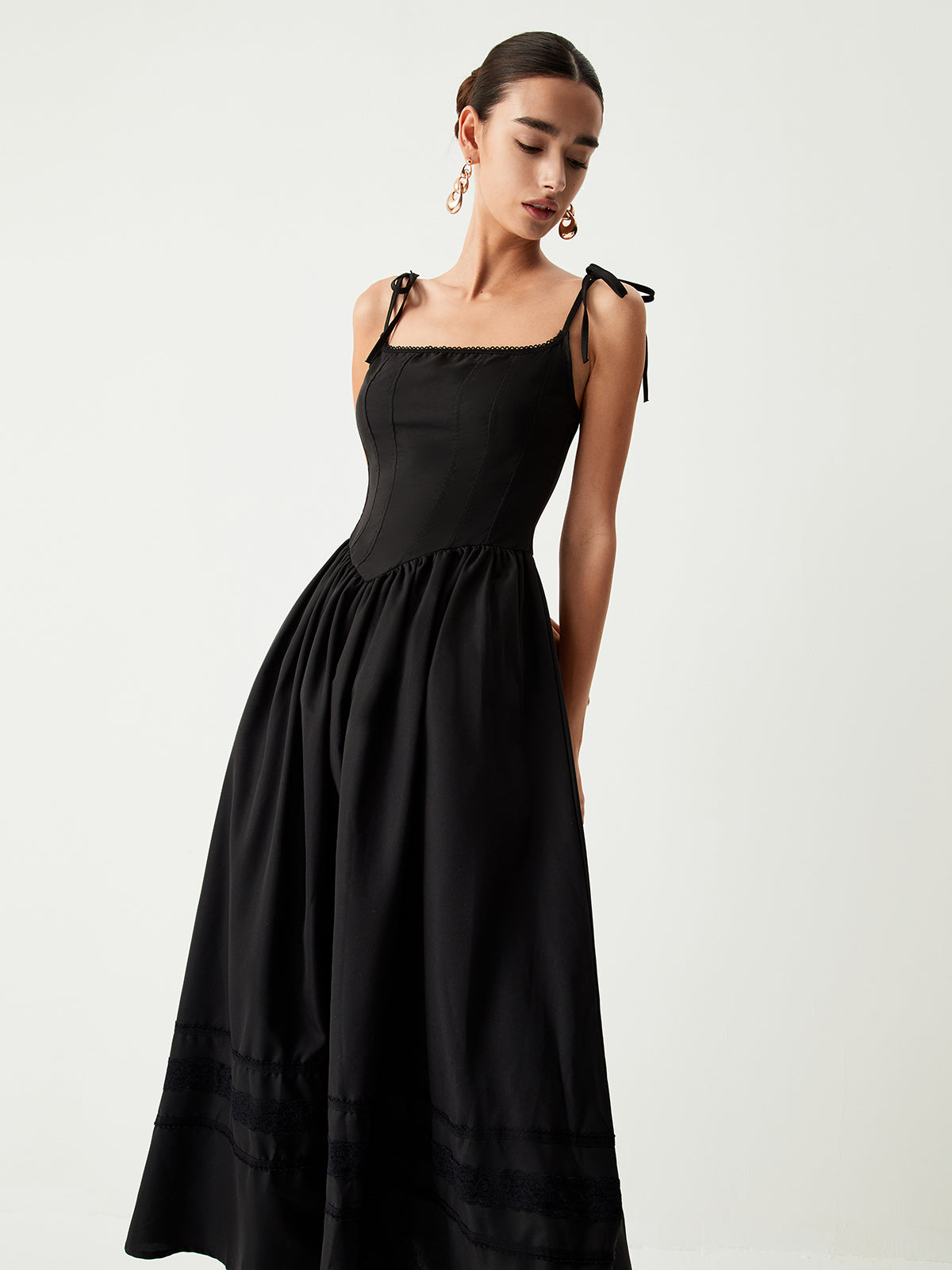 Tie Shoulder Pleated Midi Dress