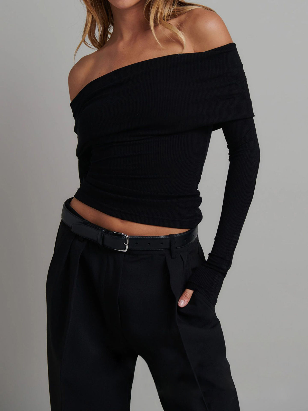 Off Shoulder Overfold Long Sleeve Crop Shirt