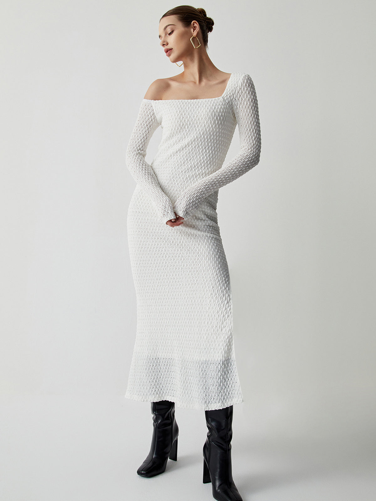 Off Shoulder Bubble Knit Long Sleeve Long Dress