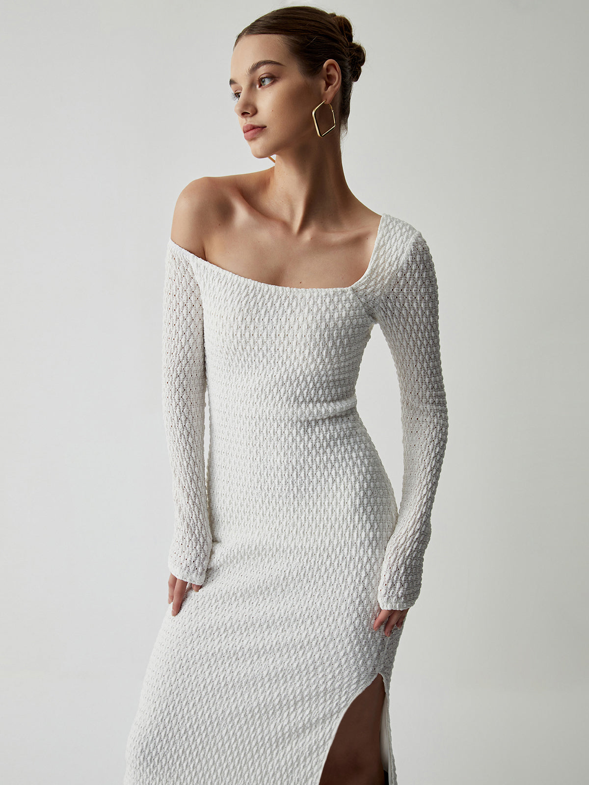 Off Shoulder Bubble Knit Long Sleeve Long Dress