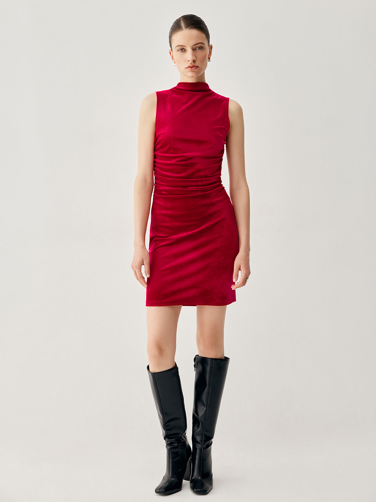 Velvet Pleated Mock Neck Short Dress