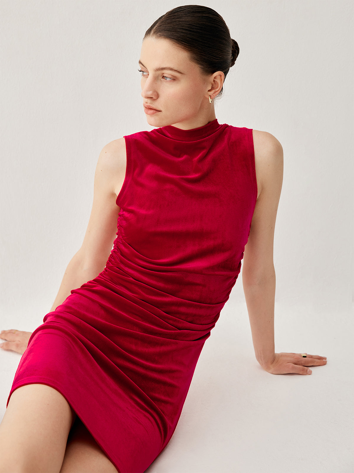 Velvet Pleated Mock Neck Short Dress