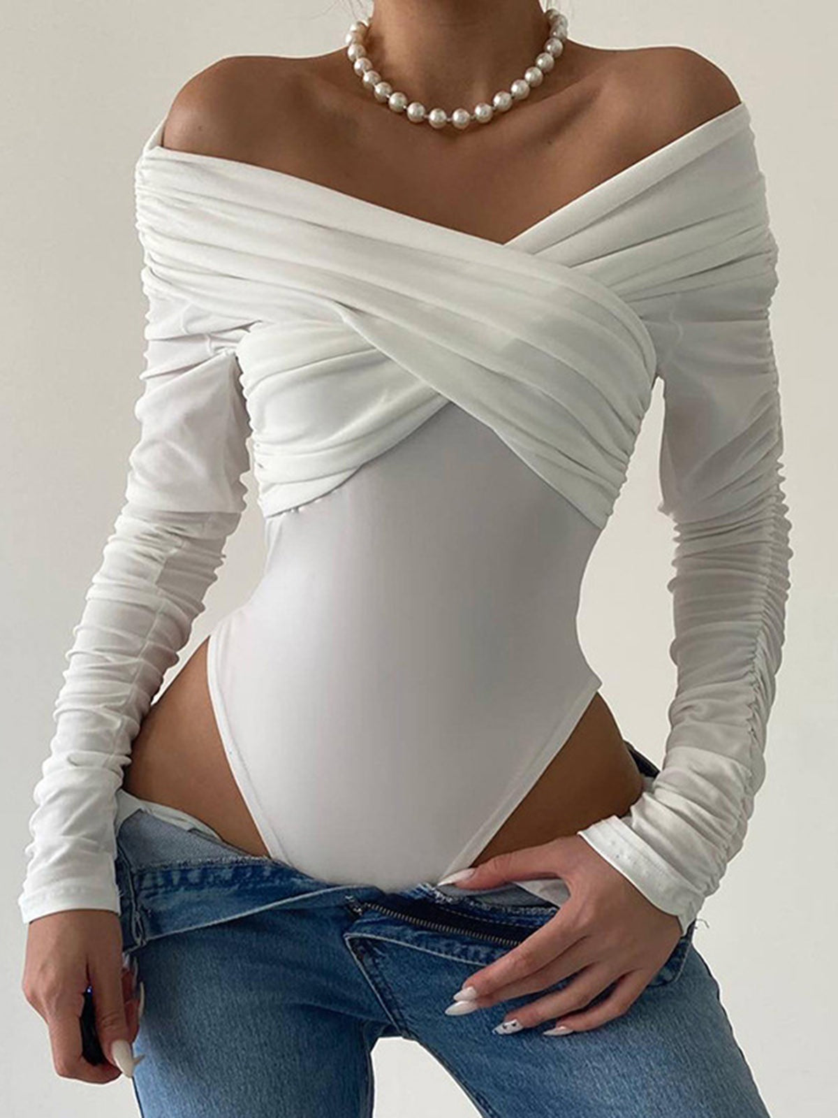 Slinky Crossover Off Shoulder Long Sleeve Bodysuit