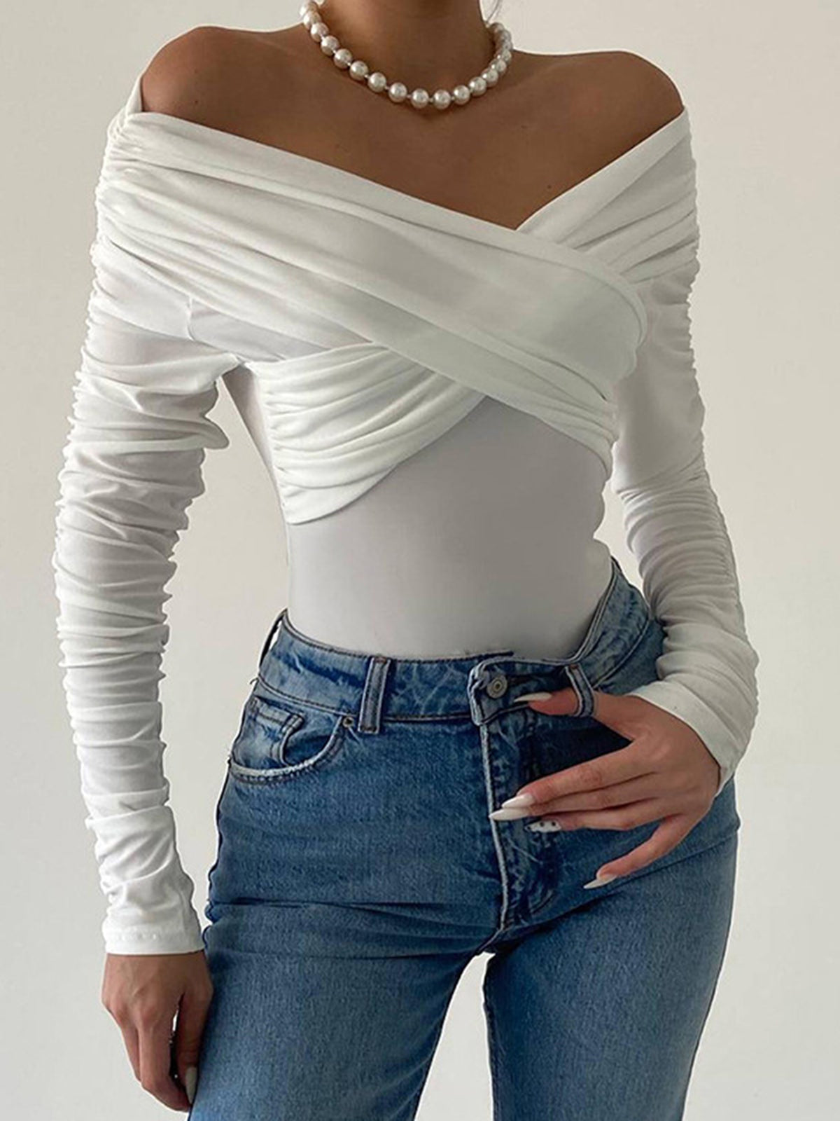 Slinky Crossover Off Shoulder Long Sleeve Bodysuit