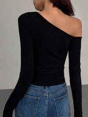 Cut Out Asymmetric Off Shoulder Slinky Long Sleeve Shirt