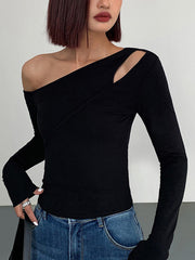 Cut Out Asymmetric Off Shoulder Slinky Long Sleeve Shirt