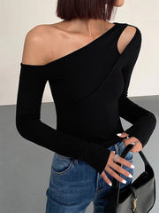 Cut Out Asymmetric Off Shoulder Slinky Long Sleeve Shirt