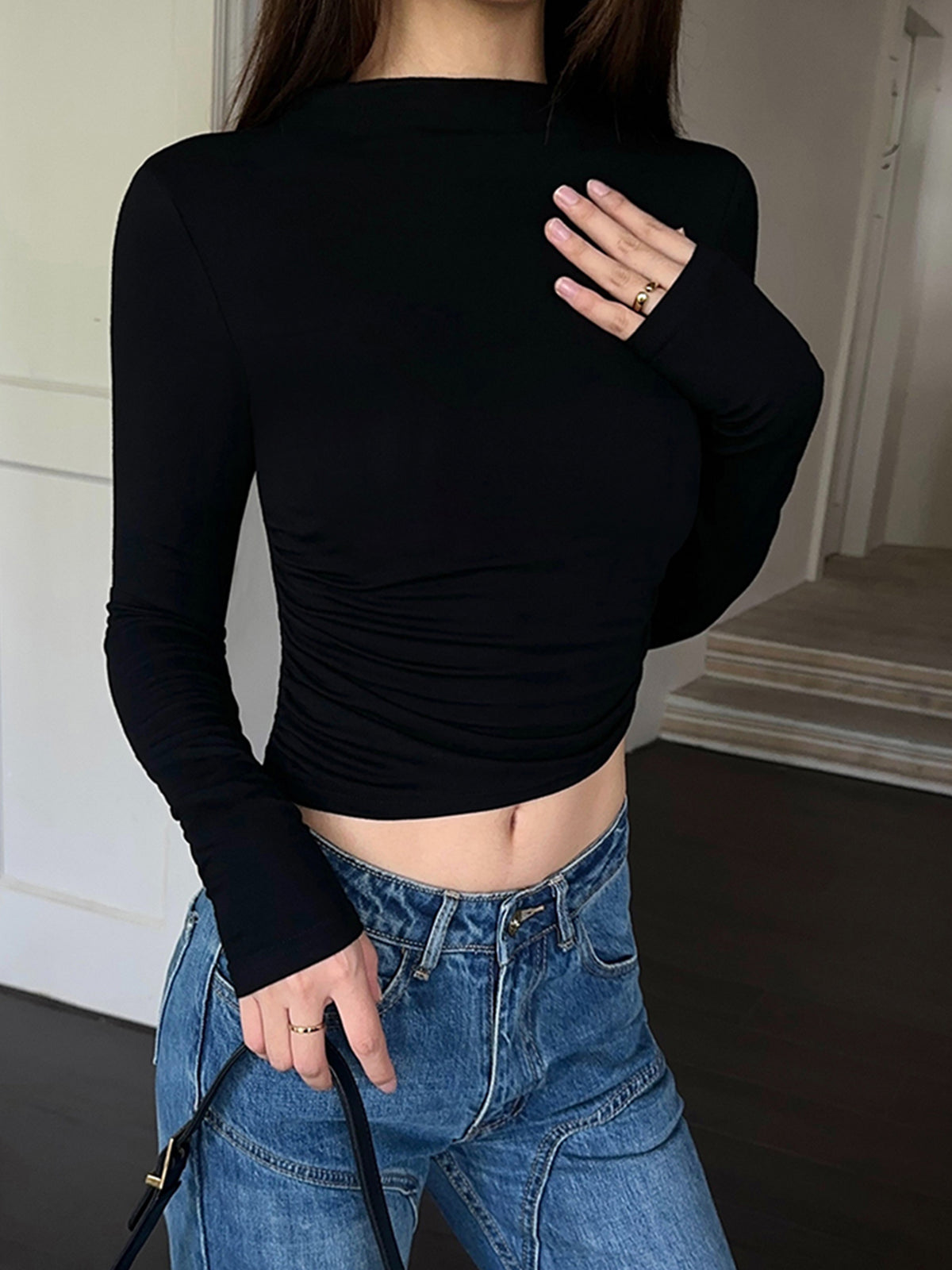 Mock Neck Slinky Long Sleeve Ribbed Knit Crop Shirt