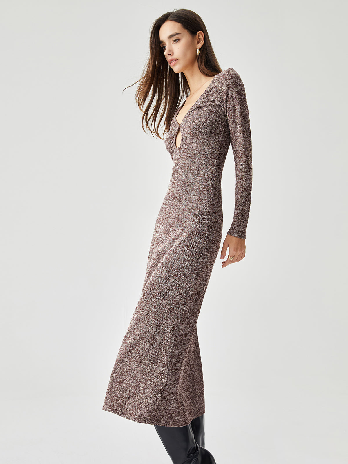 V-neck Cut Out Knit Long Dress