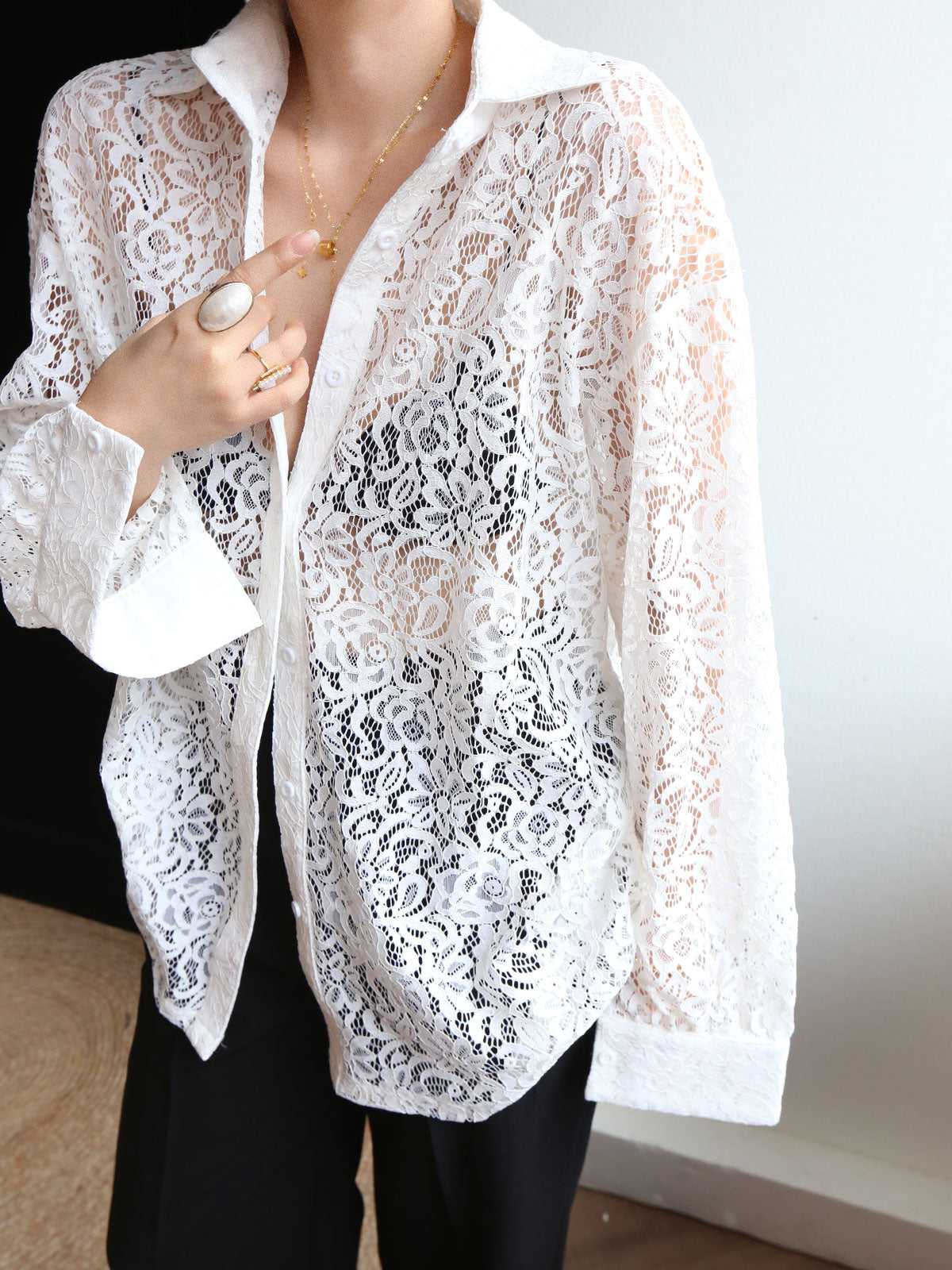 Lace Semi-sheer Collared Shirt